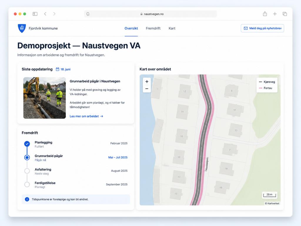 Utklipp fra demo av prosjekt-hjemmeside med statusmelding, framdriftstidslinje og tegnet anleggsområde